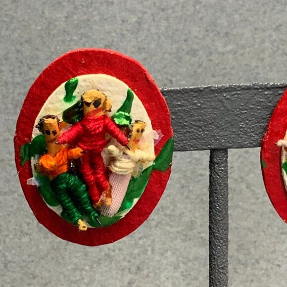 Handmade Worry Doll Earrings Pierced Red Oval Thread Paper Fabric Retro Vintage - Picture 2 of 7